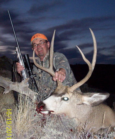 Wyoming spoiled us for our upcoming hunts back home...This buck was well over 200 lbs dressed....Savage 110 with E.R. Shaw barrel in 260  Rem....310 yards right in the white spot while he laid in his bed...